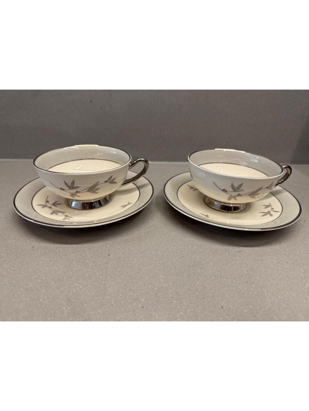2 Syracuse China Harmony Tea Cups and Saucers Platinum Trim Leaves Berries